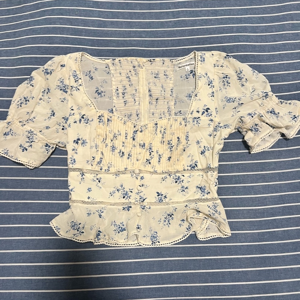 Reformation Daphne Cotton Top - Orlaya Blue Floral Sz 4